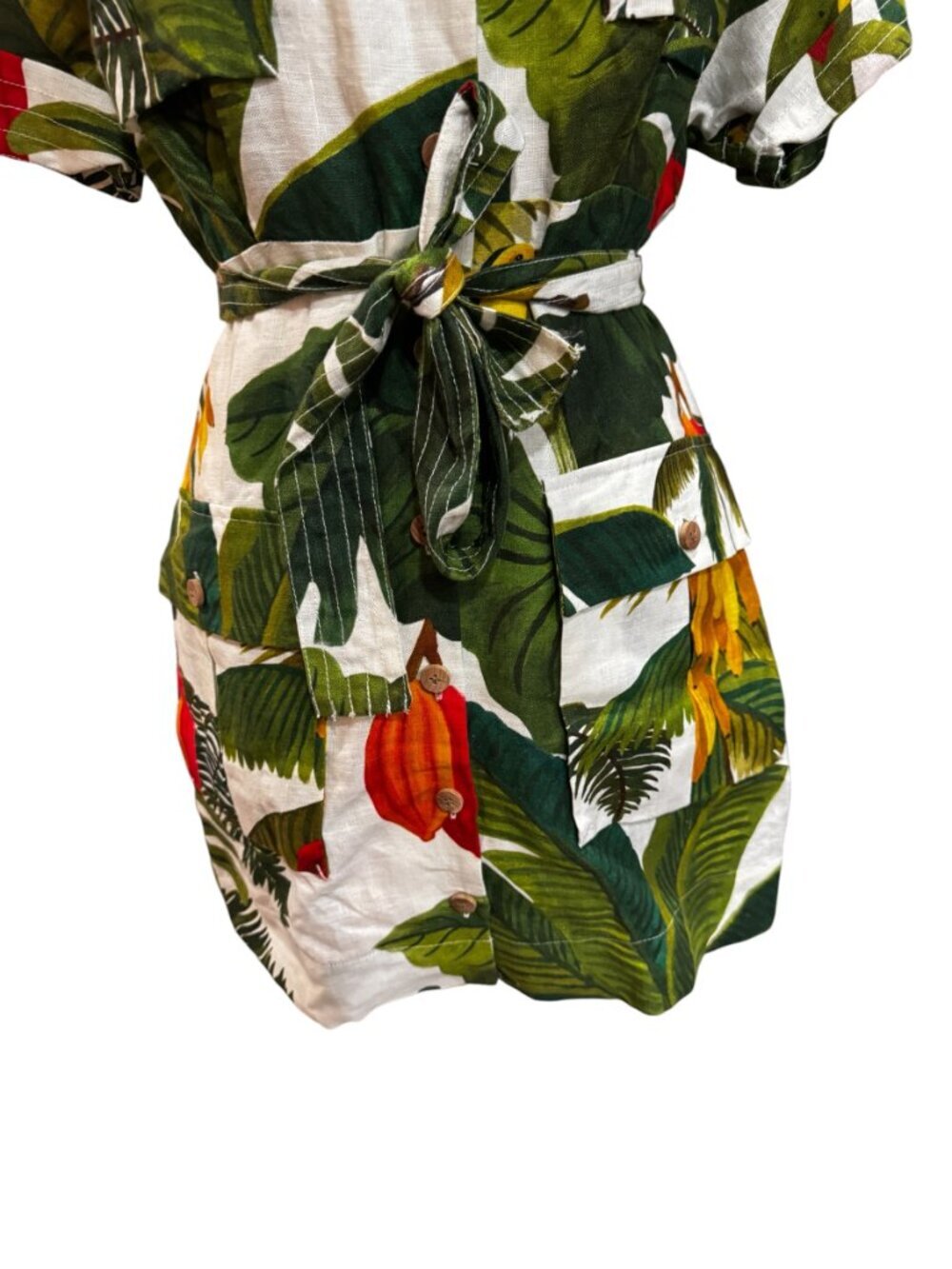 Farm Rio Cocoa Forest Linen Utility Mini Dress Tropical Print Size Small - Picture 4 of 10